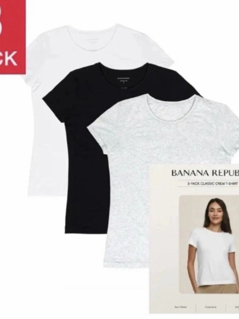 Banana Republic Women’s Crew Neck T-Shirt 3-Pack in White, Black, Heather Gray